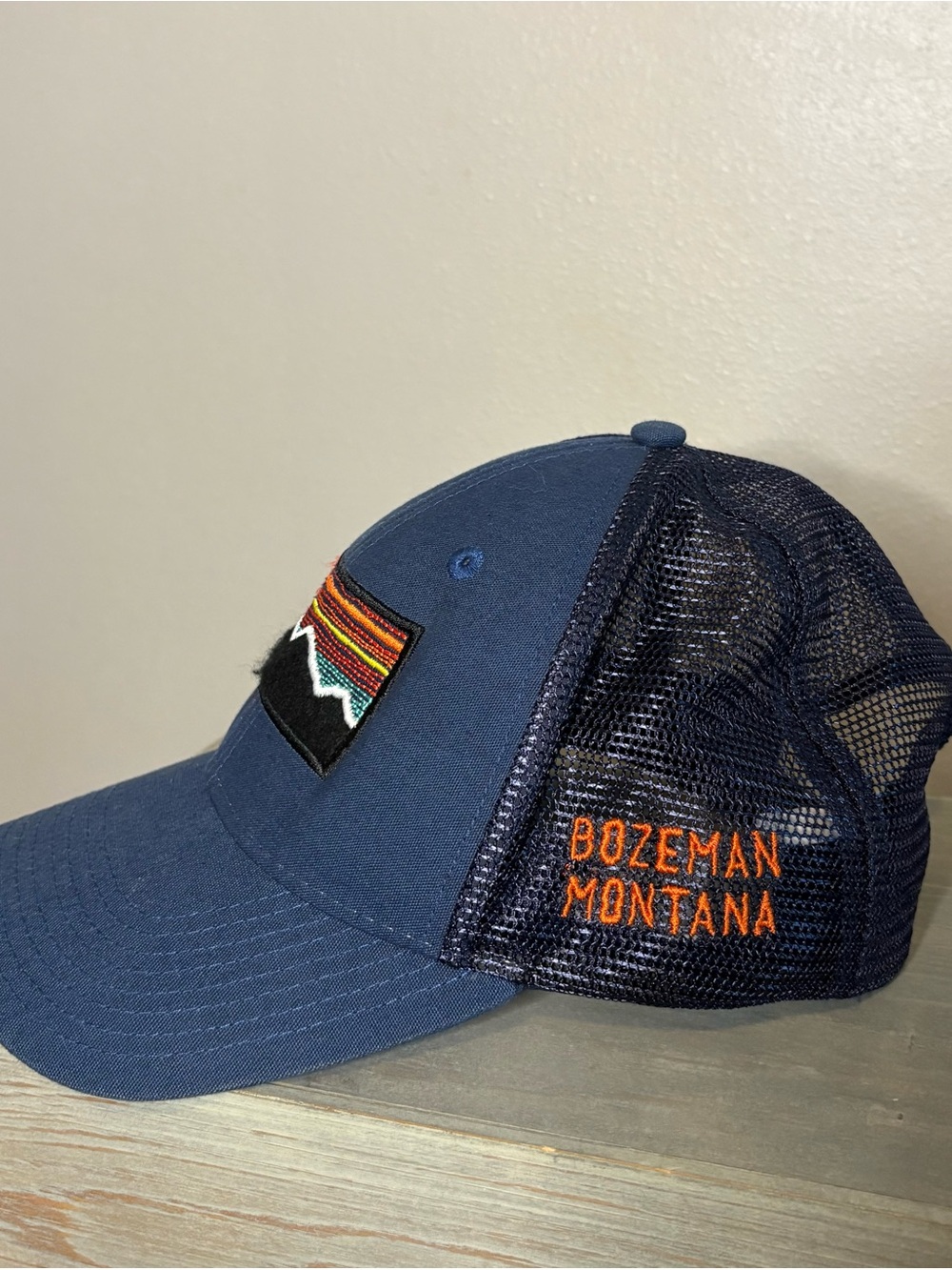 Bozeman Montana Trucker Hat with Mountain Patch and Orange Embroidery Snapback